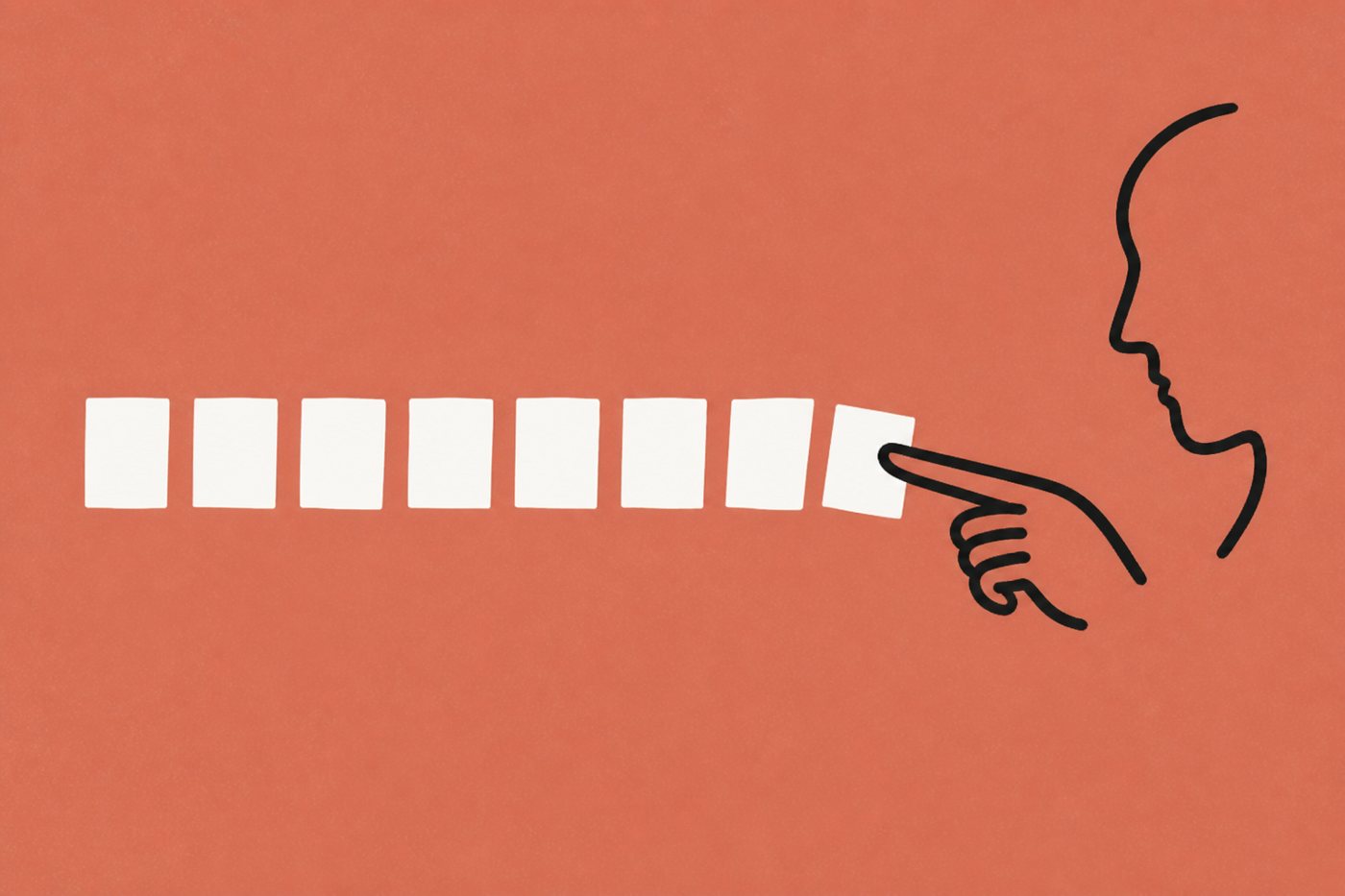 Hand-drawn ink-line illustration on terracotta: two loopy hands square a stack of cream sheets flush at the left edge while one sheet juts out of line, a one-line profile face observing.