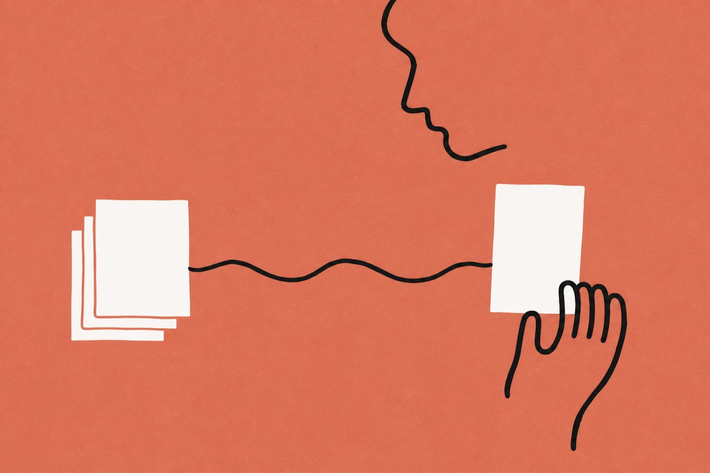 Hand-drawn line illustration in warm terracotta and cream: a loopy line-drawn hand holds up a single cream card joined by one continuous wobbly line back to the small stack of cream cards it came from, a one-line profile face watching.