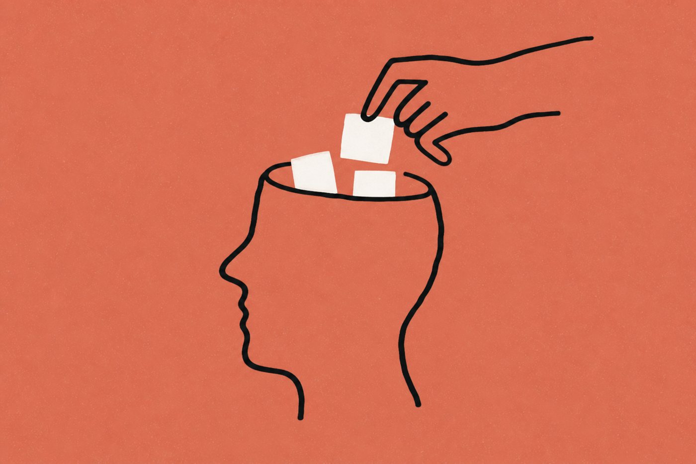 Hand-drawn ink-line illustration on terracotta: a large open head profile drawn in one continuous line, with a loopy hand placing small cream blocks inside it.
