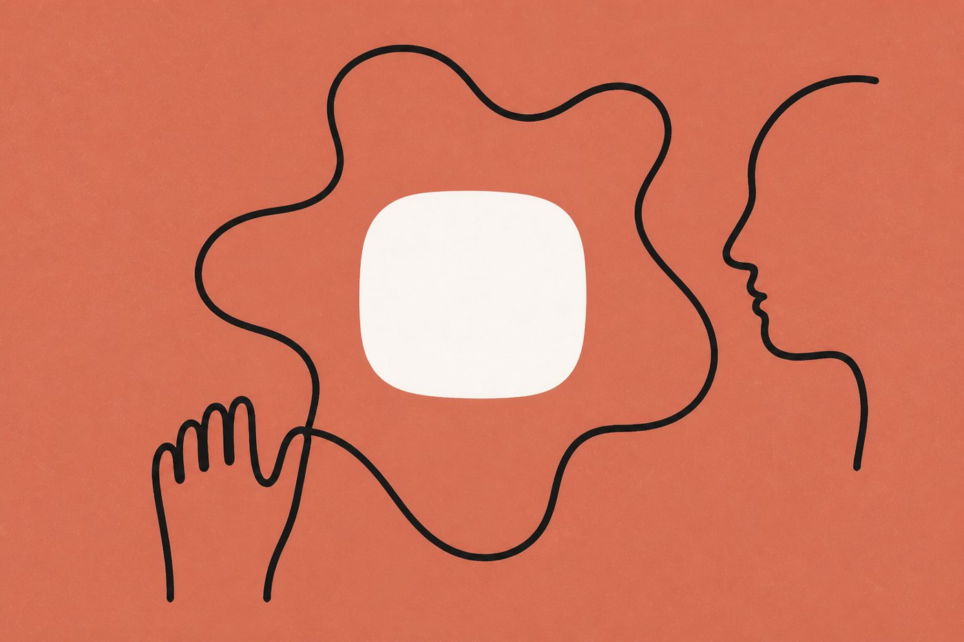Hand-drawn ink-line illustration on terracotta: a loopy hand traces a continuous looping circuit around a single cream block, a one-line profile face observing.