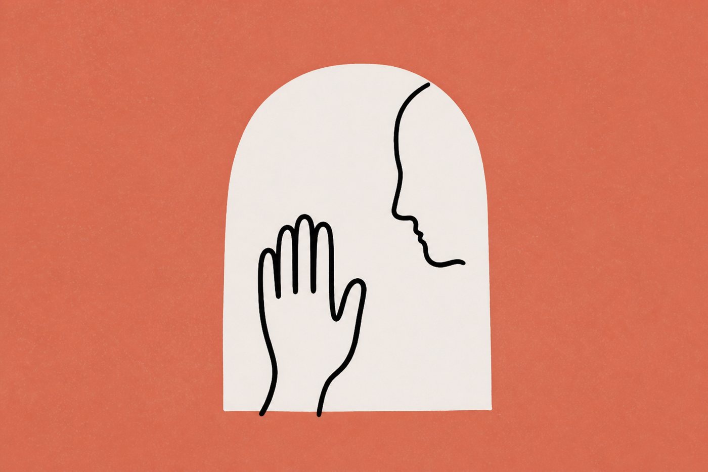 Hand-drawn ink-line illustration on terracotta: a loopy hand raised calmly palm-forward inside a simple cream archway, a one-line profile face observing beside it.