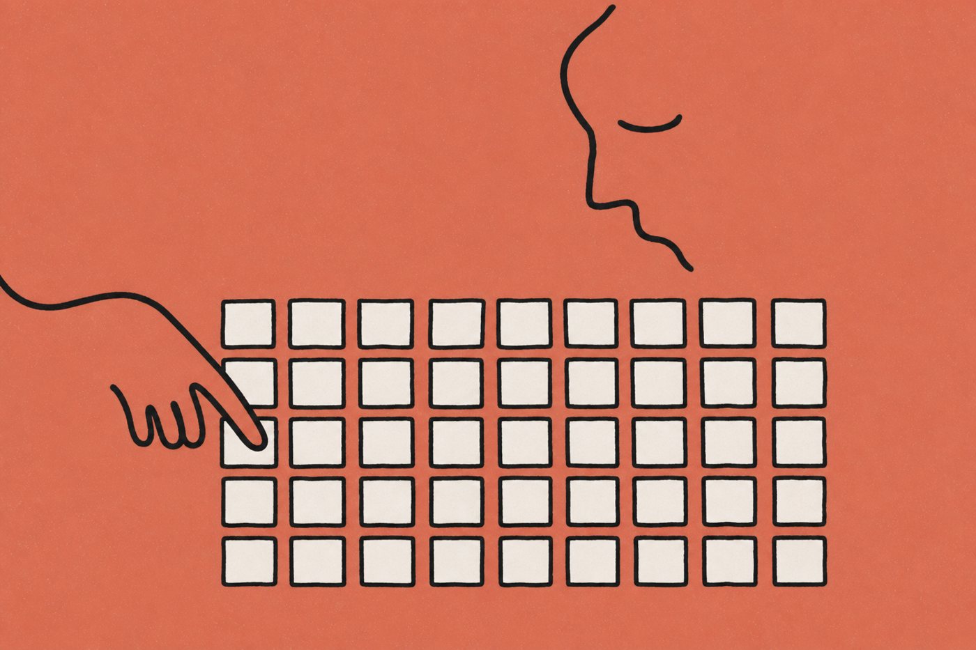 Hand-drawn line illustration in warm terracotta and cream: a hand's finger touches one tile in a large orderly grid of small cream tiles, scanned by an abstract one-line face.